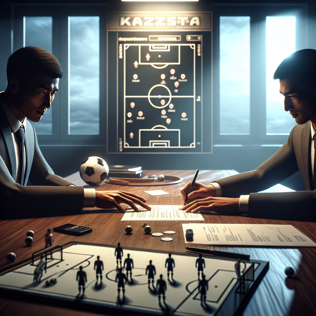 Kazakhstan Premier League transfer scene with contracts and tactical board in office